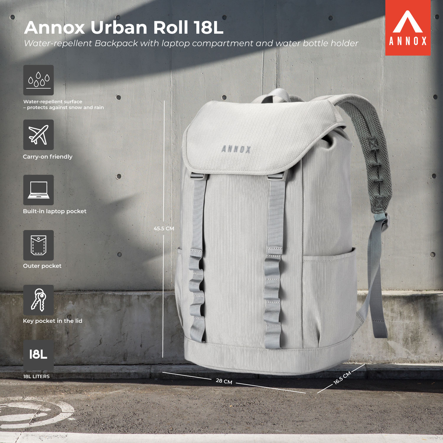 Annox Urban Roll 18L - Vandafvisende Rygsæk med laptoprum og drikkedunk-holder